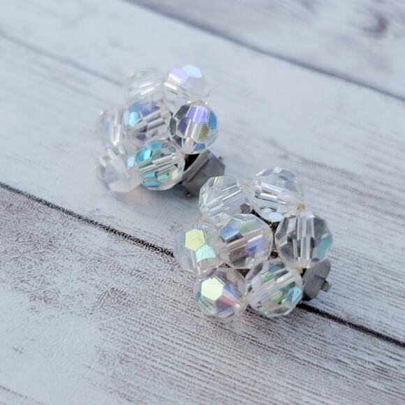 Vintage Clip On Earrings 7/8" Beaded Cluster Clear with Iridescent Finish - Picture 3 of 7